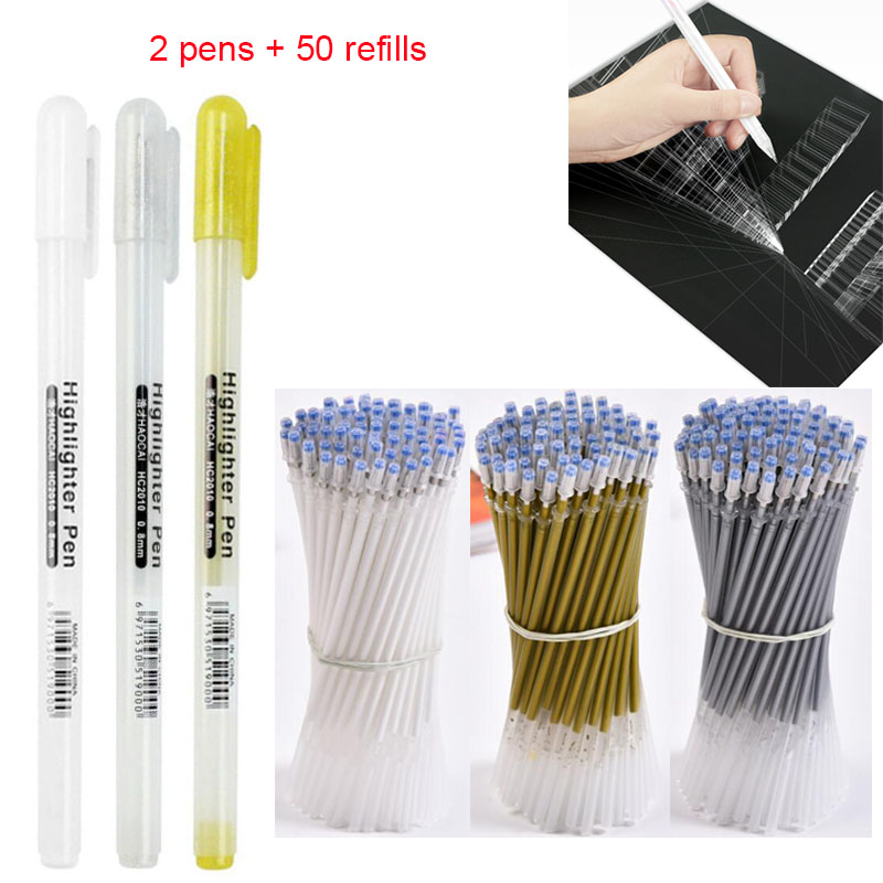 Gel Ink Pen Set - 2pc+50pcs Refills/set, Gold/white/silver Drawing Animation Design